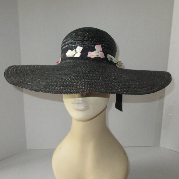 Vintage 1970's Black Wide Brim Straw Cartwheel Hat w/Flowers Made In Italy - Picture 2 of 8
